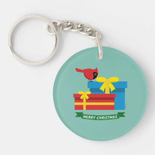 Cute Red Cardinal Opening A Blue Gift Keychain
