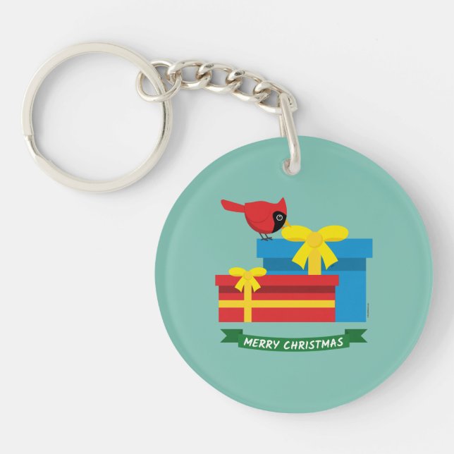 Cute Red Cardinal Opening A Blue Gift Keychain (Front)