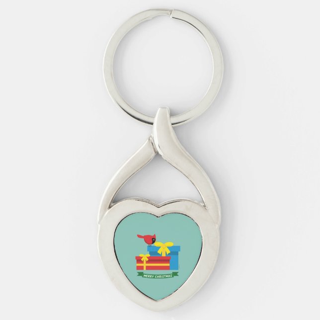 Cute Red Cardinal Opening A Blue Gift Keychain (Front)