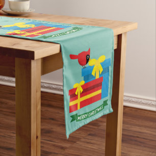 Cute Red Cardinal Opening A Blue Gift Medium Table Runner
