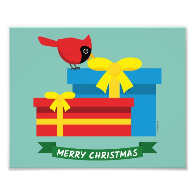 Cute Red Cardinal Opening A Blue Gift Photo Print (Front)