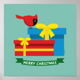 Cute Red Cardinal Opening A Blue Gift Poster