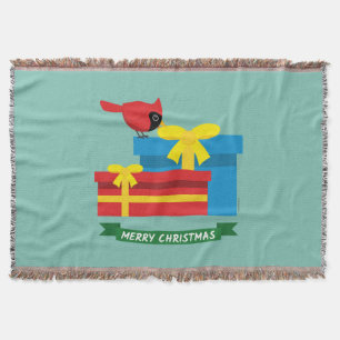 Cute Red Cardinal Opening A Blue Gift Throw Blanket