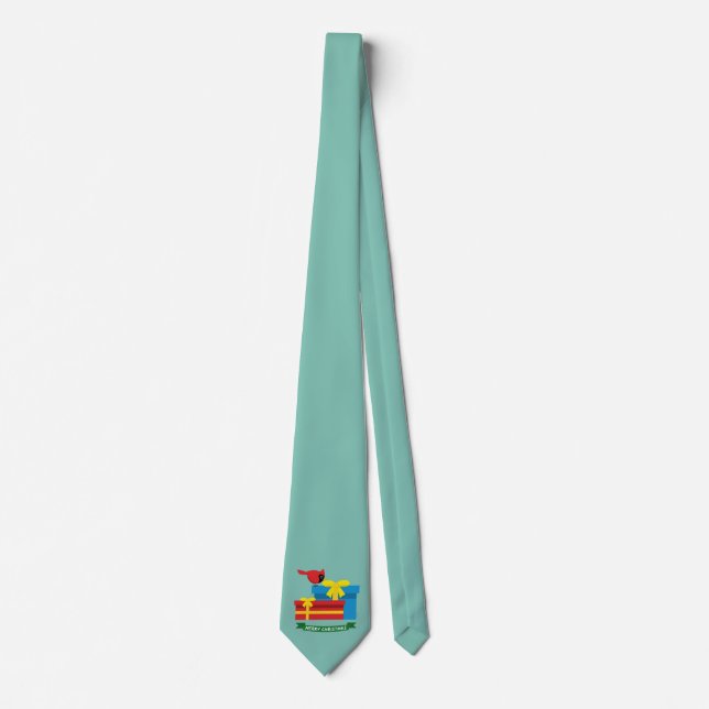 Cute Red Cardinal Opening A Blue Gift Tie (Front)