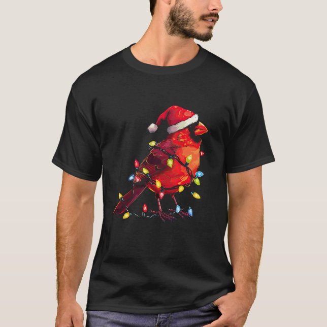 Cute Red Cardinal Santa Xmas Lights Christmas Bird T-Shirt (Front)