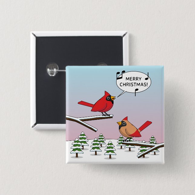 Cute Red Cardinal Singing Merry Christmas 2 Inch Square Button (Front & Back)