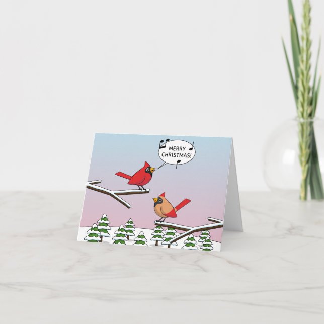 Cute Red Cardinal Singing Merry Christmas Card (Front)