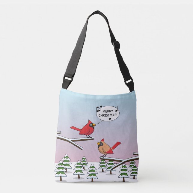 Cute Red Cardinal Singing Merry Christmas Crossbody Bag (Front)
