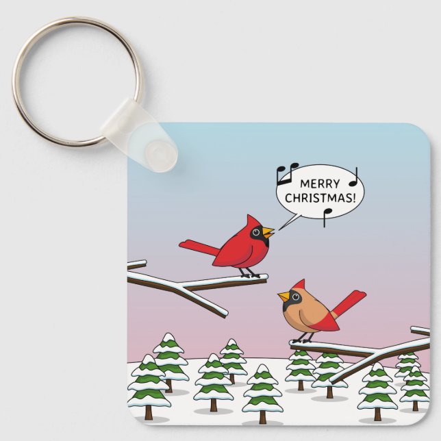 Cute Red Cardinal Singing Merry Christmas Keychain (Front)