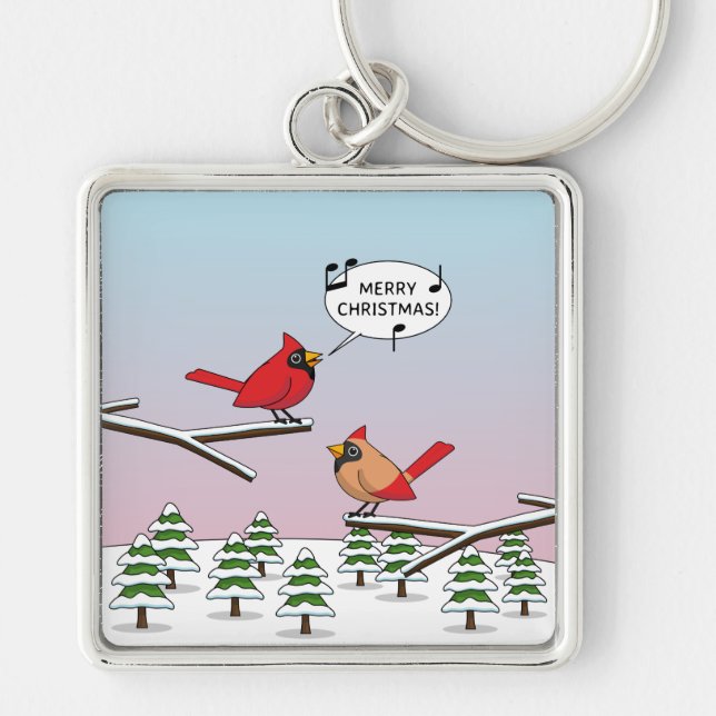 Cute Red Cardinal Singing Merry Christmas Keychain (Front)