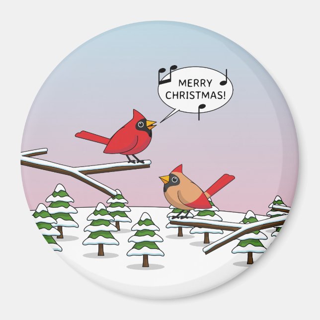 Cute Red Cardinal Singing Merry Christmas Magnet (Front)
