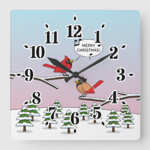 Cute Red Cardinal Singing Merry Christmas Square Wall Clock