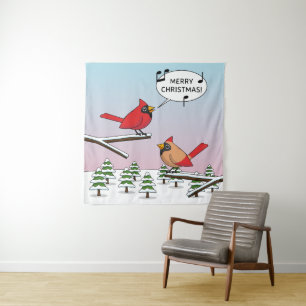Cute Red Cardinal Singing Merry Christmas Tapestry