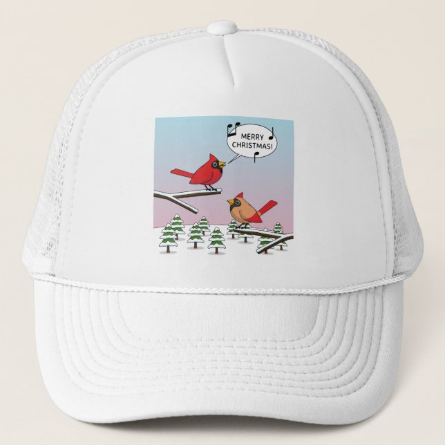 Cute Red Cardinal Singing Merry Christmas Trucker Hat (Front)