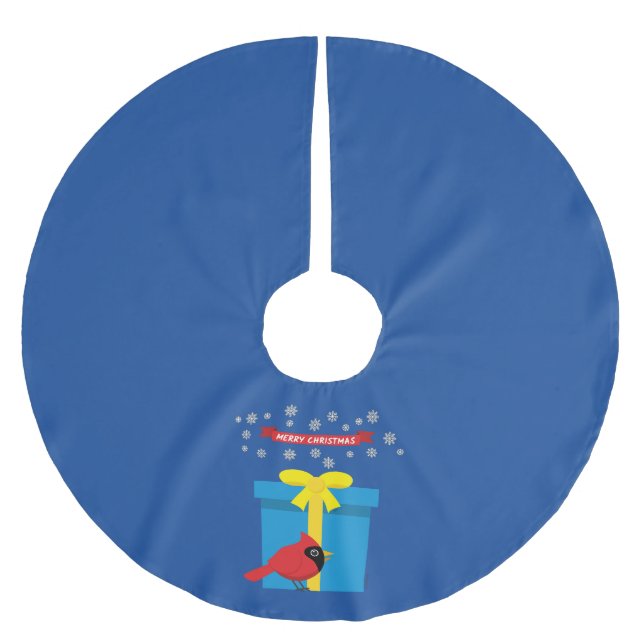 Cute Red Cardinal With Blue Gift Brushed Polyester Tree Skirt (Front)