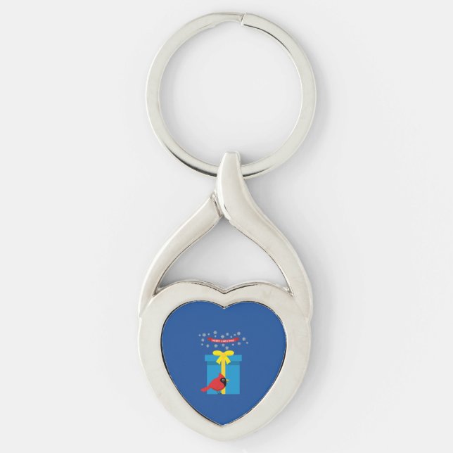 Cute Red Cardinal With Blue Gift Keychain (Front)