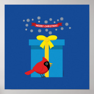 Cute Red Cardinal With Blue Gift Poster