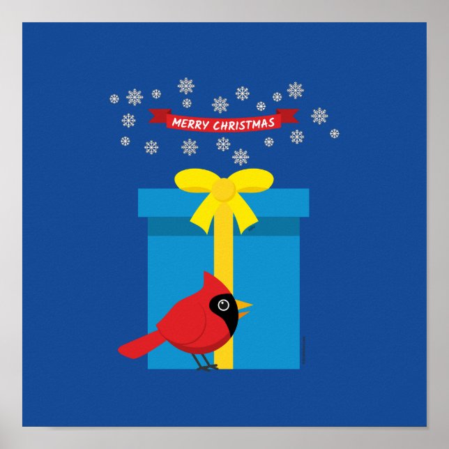 Cute Red Cardinal With Blue Gift Poster (Front)