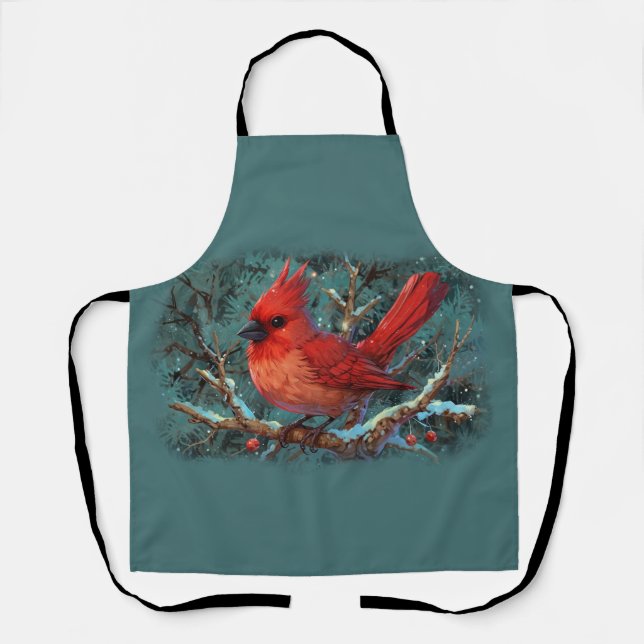 Cute Red Cardinal with Winter Red Berries Apron (Front)