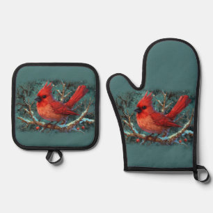 Cute Red Cardinal with Winter Red Berries Oven Mitt & Pot Holder Set