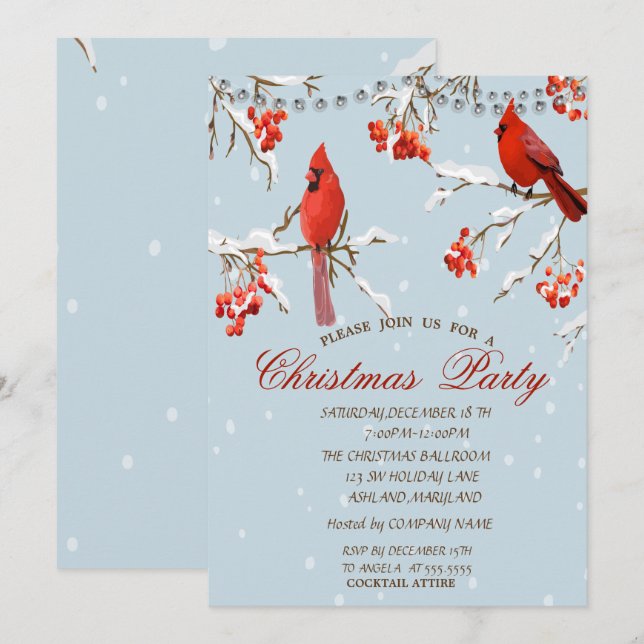 Cute Red Cardinals Tree Snow Christmas  Invitation (Front/Back)