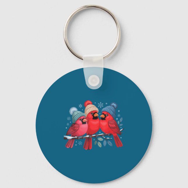 Cute Red Cardinals With Knitted Hats Winter Bird A Keychain (Front)