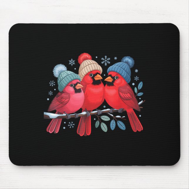 Cute Red Cardinals With Knitted Hats Winter Bird A Mouse Pad (Front)