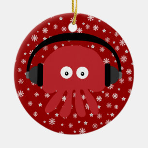 Cute Red Cartoon DJ Jellyfish & Snowflakes Ceramic Ornament