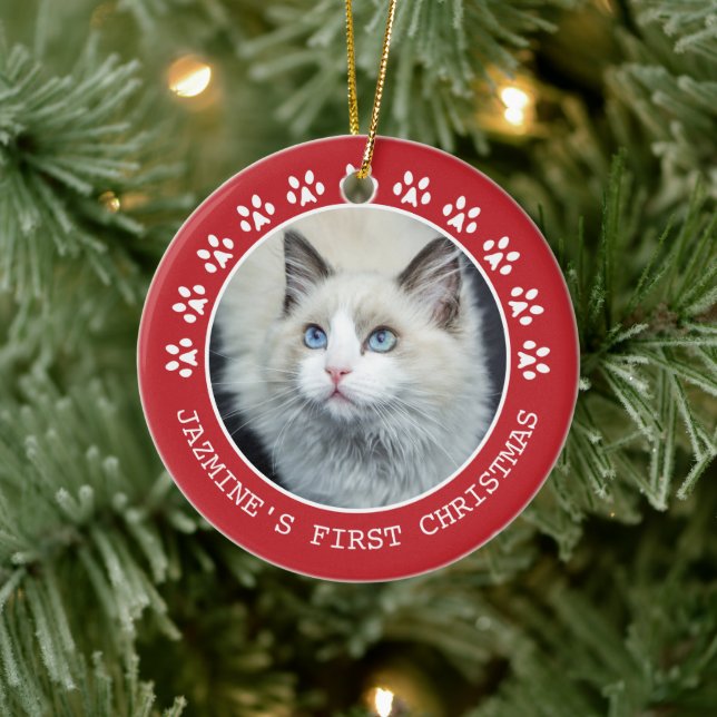 Cute Red Cat Paw Prints Photo Frame Christmas Ceramic Ornament (Tree)