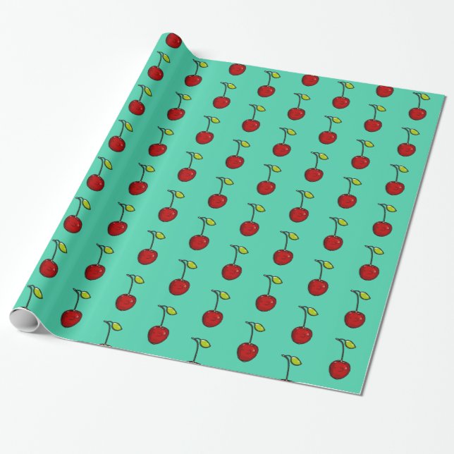 Cute Red Cherries Green Background Gift Wrap (Unrolled)