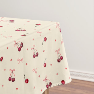 Cute Red Cherries Hearts Bows on Cream Tablecloth