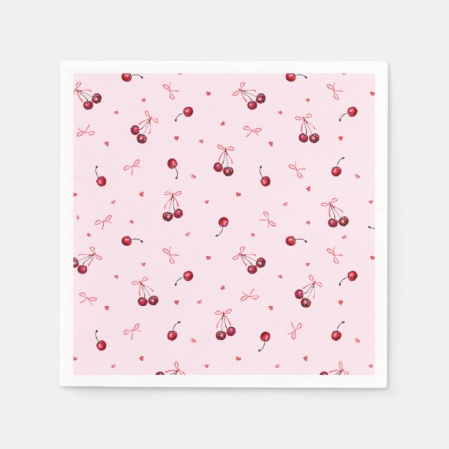 Cute Red Cherries Hearts Bows on Pink Napkin (Front)