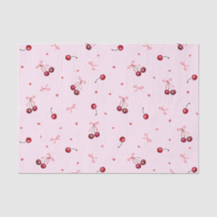 Cute Red Cherries Hearts Bows on Pink Tissue Paper
