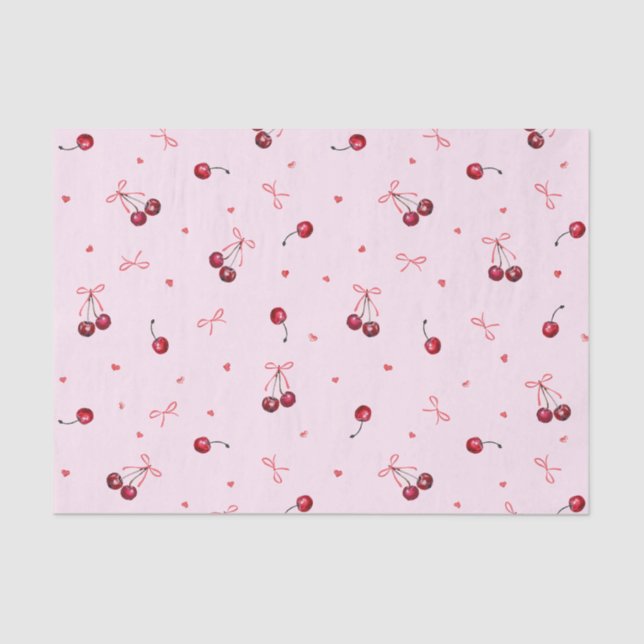 Cute Red Cherries Hearts Bows on Pink Tissue Paper (Front)