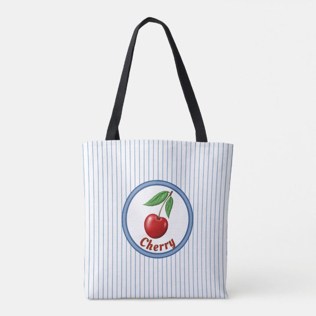 Cute Red Cherry and Blue Stripes Personalized Tote Bag (Back)