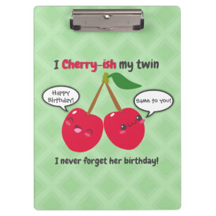 Cute Red Cherry Kawaii Twins Birthday Clipboard