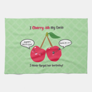 Cute Red Cherry Kawaii Twins Birthday Kitchen Towel