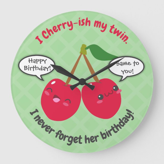 Cute Red Cherry Kawaii Twins Birthday Large Clock (Front)