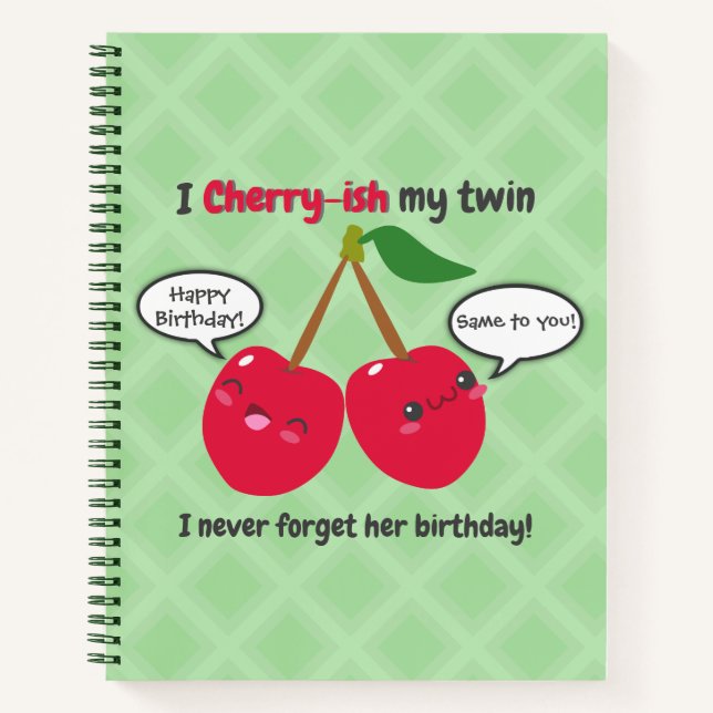Cute Red Cherry Kawaii Twins Birthday Notebook (Front)