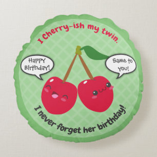 Cute Red Cherry Kawaii Twins Birthday Round Pillow