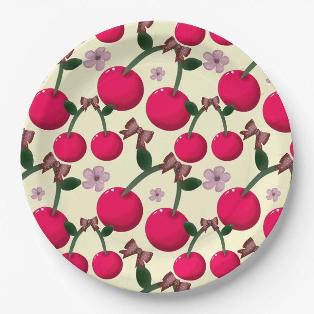 Cute red cherry pattern  paper plate (Front)