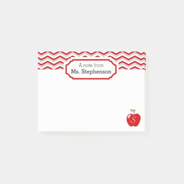 Cute Red Chevron Apple Monogrammed Teacher Note (Front)