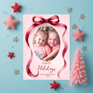 Cute Red Christmas 4 Photo Bow Ribbon Holiday Card