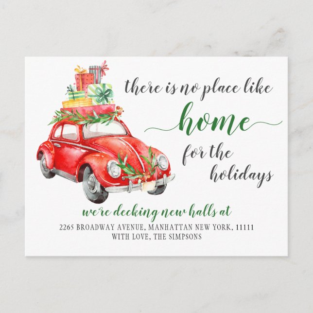 Cute Red Christmas Car Holiday Moving Announcement Postcard (Front)