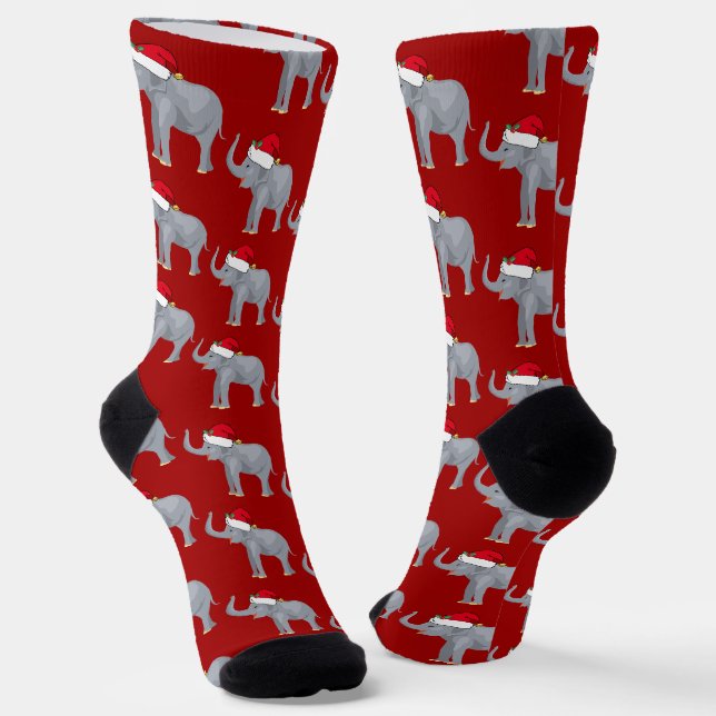 Cute Red Christmas Elephant in Santa Hat Socks (Angled)