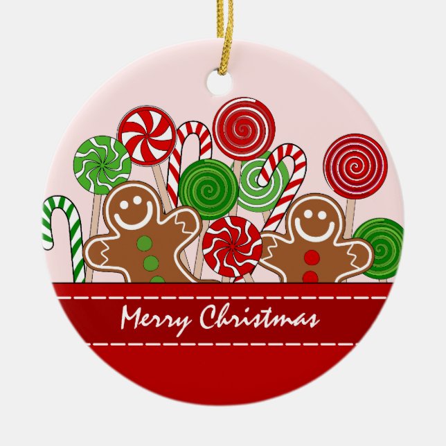 Cute red Christmas gingerbreads Ceramic Ornament (Front)