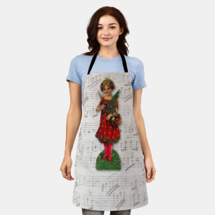 Cute Red Christmas Girl Angel Antique Music Sheet Apron