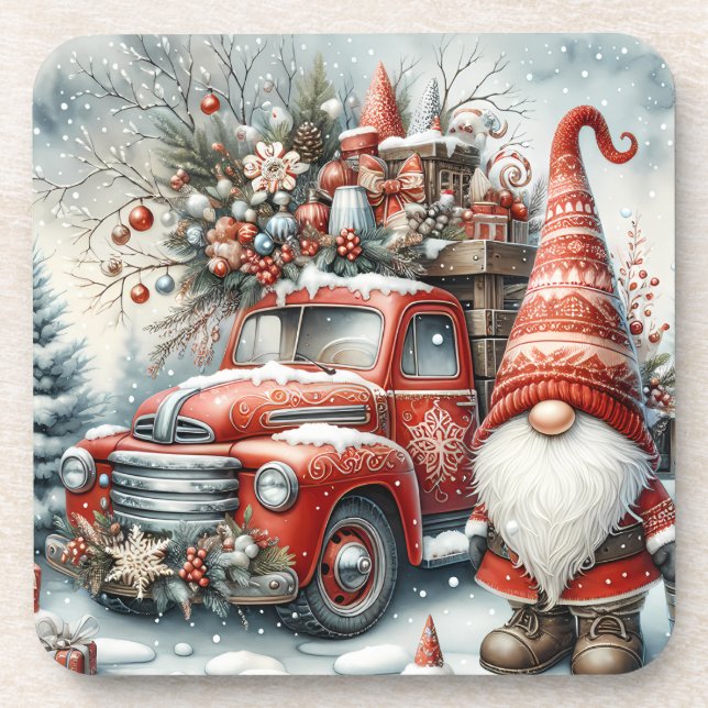 Cute Red Christmas Gnome/Vintage Truck Coaster (Front)