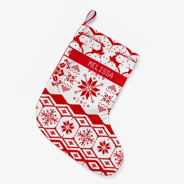 Cute Red Christmas Knitted Reindeer And Snowflakes Small Christmas Stocking (Front (Hanging))