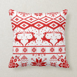 Cute Red Christmas Knitted Reindeer Throw Pillow